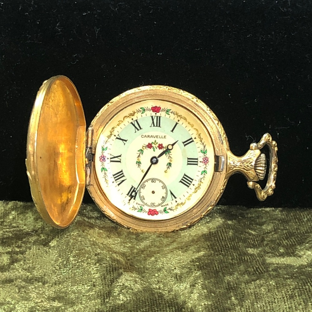 Gold Tone Floral Pocket Watch easy to change face. Victorian dancers